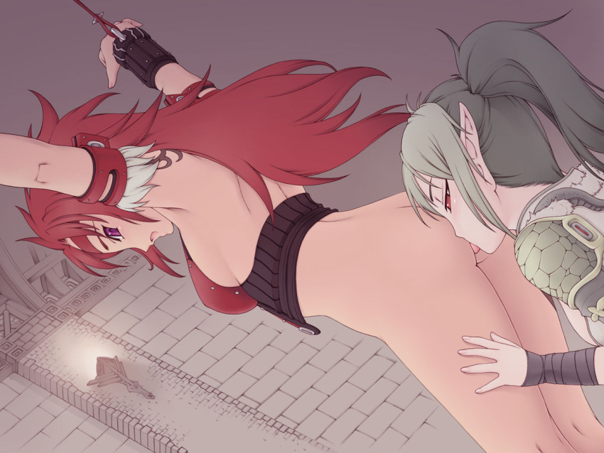 anilingus armpits arms_up ass bdsm blush bondage bottomless bound echidna femdom green_hair pointy_ears purple_eyes queen's_blade red_eyes red_hair risty third-party_edit yuri