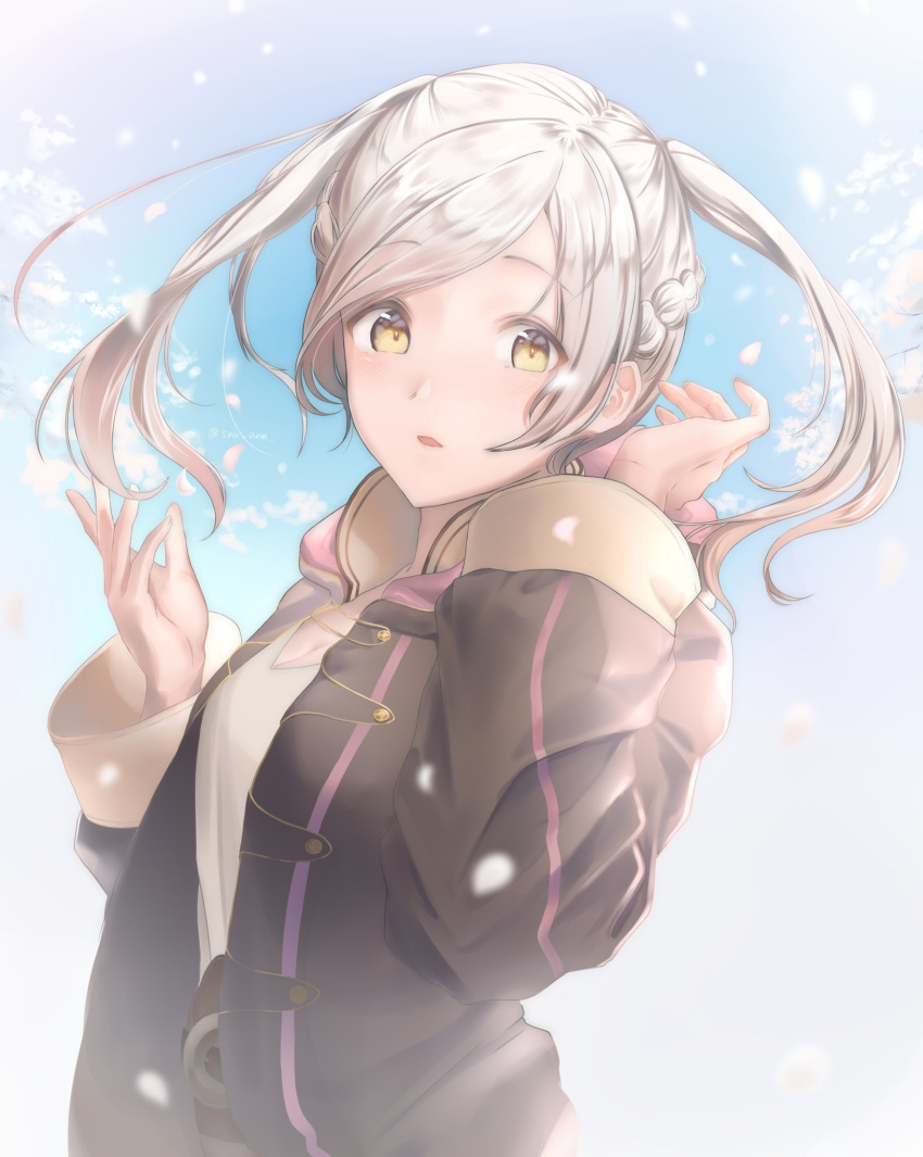 1girl blue_sky day female_my_unit_(fire_emblem:_kakusei) fire_emblem fire_emblem:_kakusei highres long_sleeves my_unit_(fire_emblem:_kakusei) nintendo parted_lips petals robe sky snk_anm solo twintails upper_body white_hair yellow_eyes