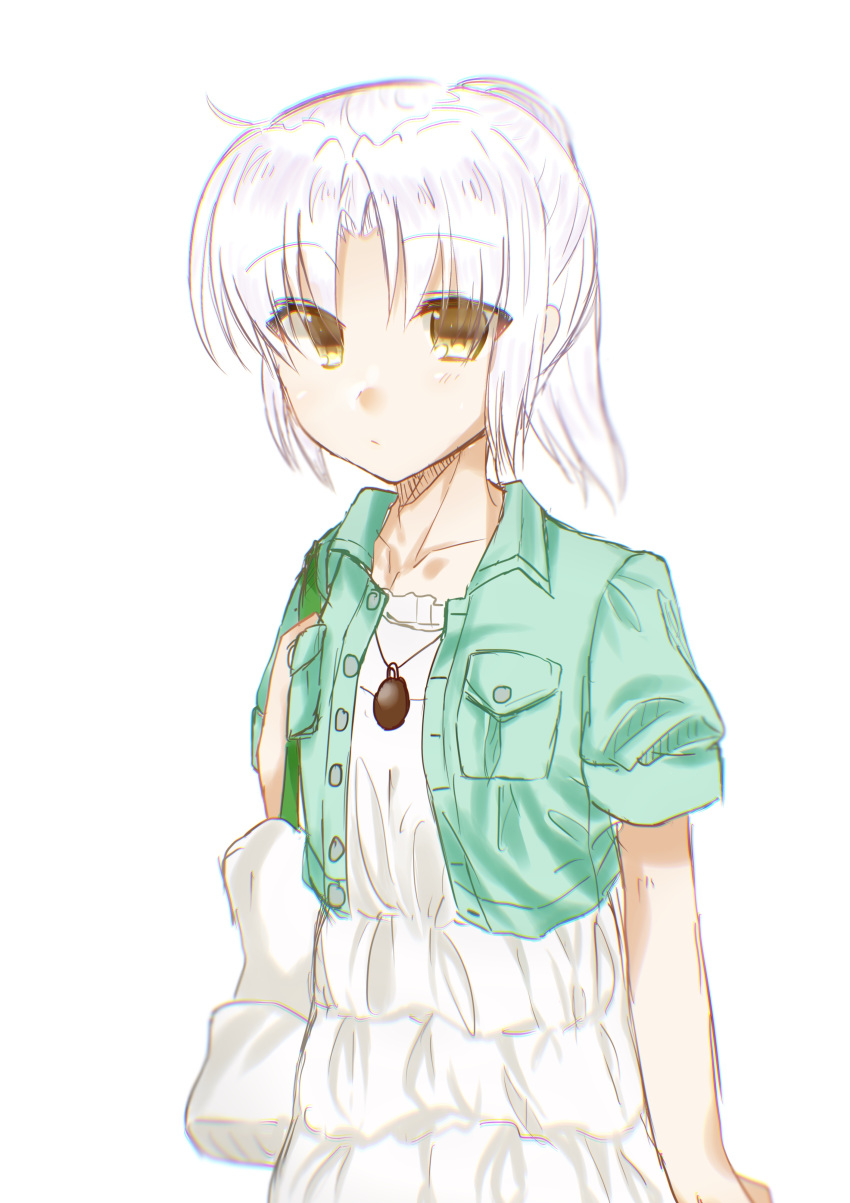 1girl absurdres alternate_costume alternate_hair_length alternate_hairstyle angel_beats! bag bangs bare_arms carrying carrying_over_shoulder closed_mouth collarbone commentary_request dress eyebrows_visible_through_hair eyes_visible_through_hair frills from_side green_jacket highres holding holding_bag jacket jewelry key_(company) long_hair looking_at_viewer looking_to_the_side necklace open_eyes ponytail ruffled_skirt short_sleeves silver_hair simple_background solo standing tenshi_(angel_beats!) upper_body white_background white_bag white_dress yellow_eyes zuzuhashi