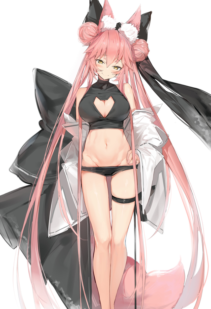 1girl animal_ear_fluff animal_ears bangs bare_shoulders bikini_bottom black_bikini_bottom black_bow blush bow breasts brown_eyes cleavage cleavage_cutout closed_mouth commentary_request crop_top double_bun eyebrows_visible_through_hair fate/grand_order fate_(series) fox_ears fox_girl fox_tail groin hair_between_eyes hair_bow half-closed_eyes head_tilt highres koyanskaya large_breasts long_hair long_sleeves looking_at_viewer navel pink_hair side_bun silver_(chenwen) simple_background skindentation sleeveless sleeves_past_wrists smile solo tail thigh_strap twintails very_long_hair white_background wide_sleeves