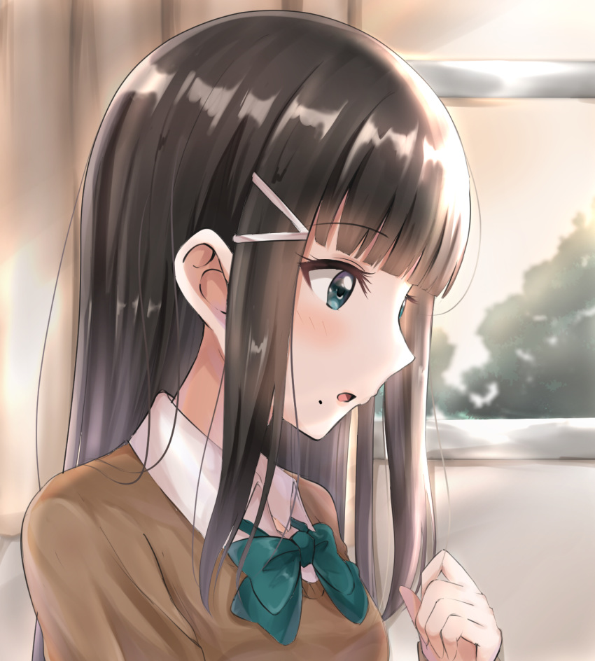 1girl bangs black_hair blue_eyes blunt_bangs blush bow bowtie brown_sweater clenched_hand collared_shirt curtains green_neckwear hair_ornament hairclip hand_up highres kurosawa_dia long_hair love_live! love_live!_sunshine!! mole mole_under_mouth open_mouth shirt sidelocks sin_(sin52y) solo sweater upper_body window
