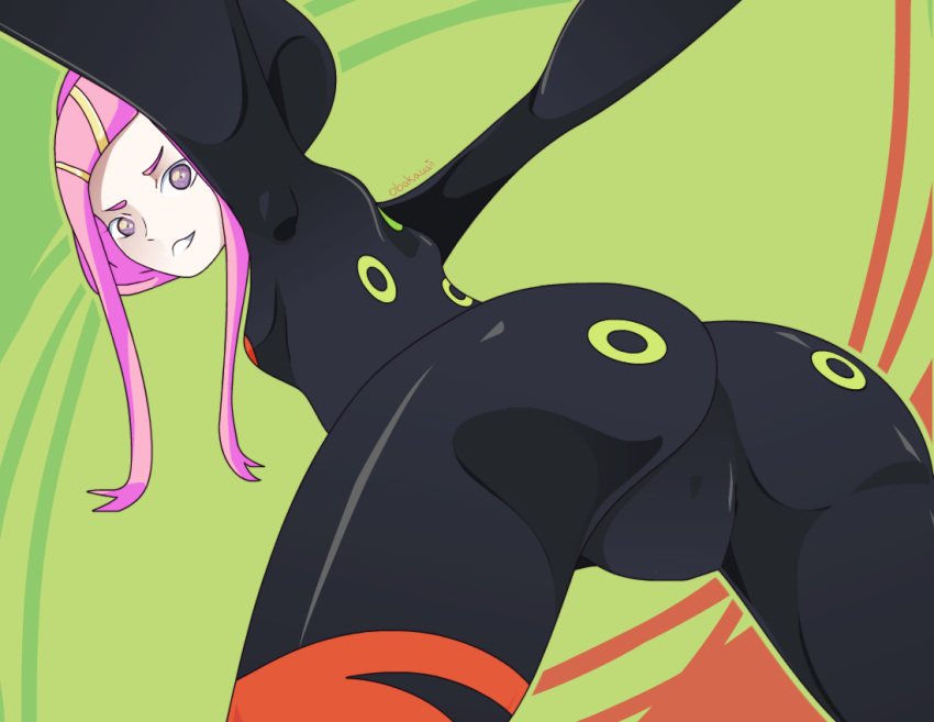 1girl anemone_(eureka_seven) artist_request ass bodysuit breasts cameltoe eureka_seven eureka_seven_(series) from_behind leaning leaning_forward looking_at_viewer pink_eyes pink_hair shiny shiny_clothes shiny_hair short_hair_with_long_locks sideboob small_breasts smile solo