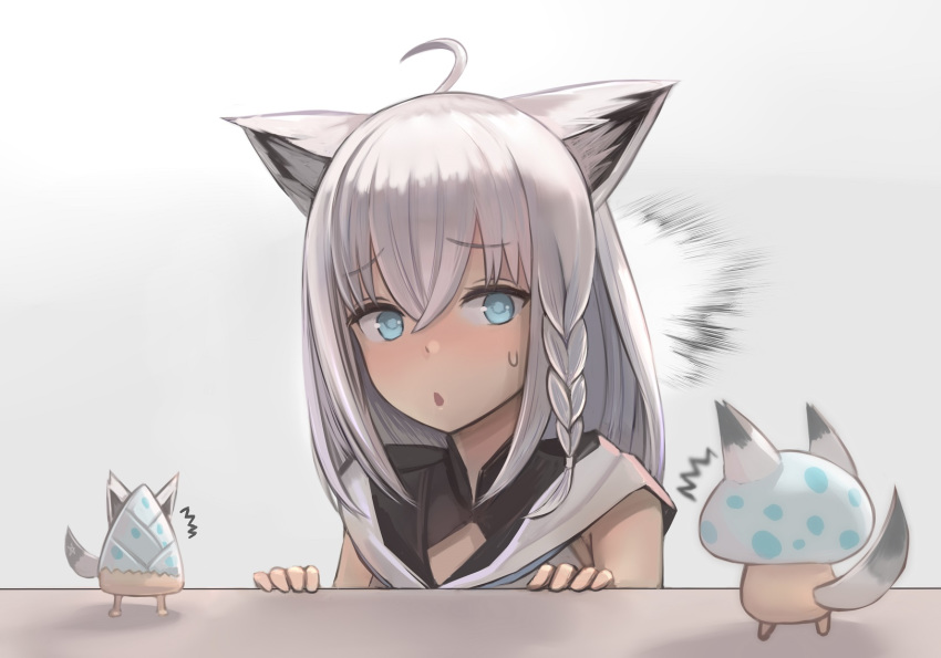 1girl ahoge animal_ears bamboo_shoot bangs blue_eyes blush braid commentary enumiyan eyebrows_visible_through_hair fox_ears fox_girl hair_between_eyes highres hololive long_hair looking_at_another mushroom open_mouth shirakami_fubuki side_braid solo sweatdrop virtual_youtuber white_hair