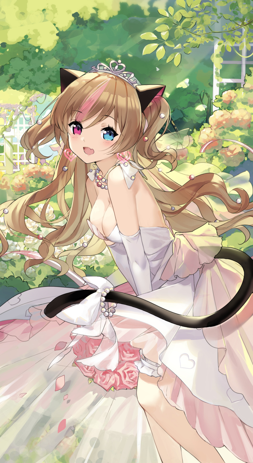 1girl :d absurdres alternate_costume bare_legs bare_shoulders beads blue_eyes blush bouquet breasts brown_hair cat_tail cleavage day dress earrings elbow_gloves fang feet_out_of_frame flower girls_frontline gloves hair_ornament heart heart_earrings heterochromia highres holding holding_bouquet jewelry leaf leg_garter long_dress long_hair looking_at_viewer medium_breasts mk23_(girls_frontline) multicolored_hair open_mouth outdoors petals pink_eyes pink_flower pink_hair plant ribbon rose sheska_xue sidelocks smile solo standing tail tail_ribbon tiara tree two-tone_hair two_side_up v_arms wavy_hair wedding_dress white_dress white_flower white_gloves