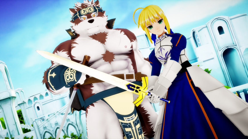 2019 abs anthro black_nose blonde_hair brown_fur canid canine canis clothing crossover dress excalibur fate/stay_night fate_(series) female fur hair headband holding_object holding_weapon horkeukamui human loincloth looking_at_viewer male malicekira mammal melee_weapon multicolored_fur muscular muscular_male nipples pecs saber_(fate/stay_night) smile standing sword tokyo_afterschool_summoners two_tone_fur video_games weapon white_fur wolf yellow_eyes