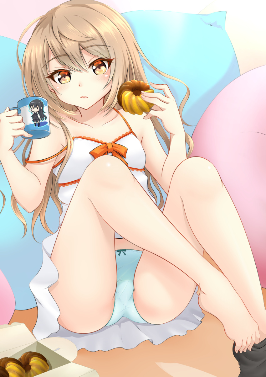 1girl absurdres alternate_hairstyle asashio_(kantai_collection) barefoot blue_panties box breasts collarbone cup cushion doughnut dress eating eyebrows_visible_through_hair feet food full_body hair_between_eyes hair_down highres holding indoors kantai_collection legwear_removed light_brown_hair lips long_hair looking_at_viewer makura_(user_jpmm5733) michishio_(kantai_collection) mug panties pink_background sitting small_breasts smile solo sundress underwear white_dress yellow_eyes