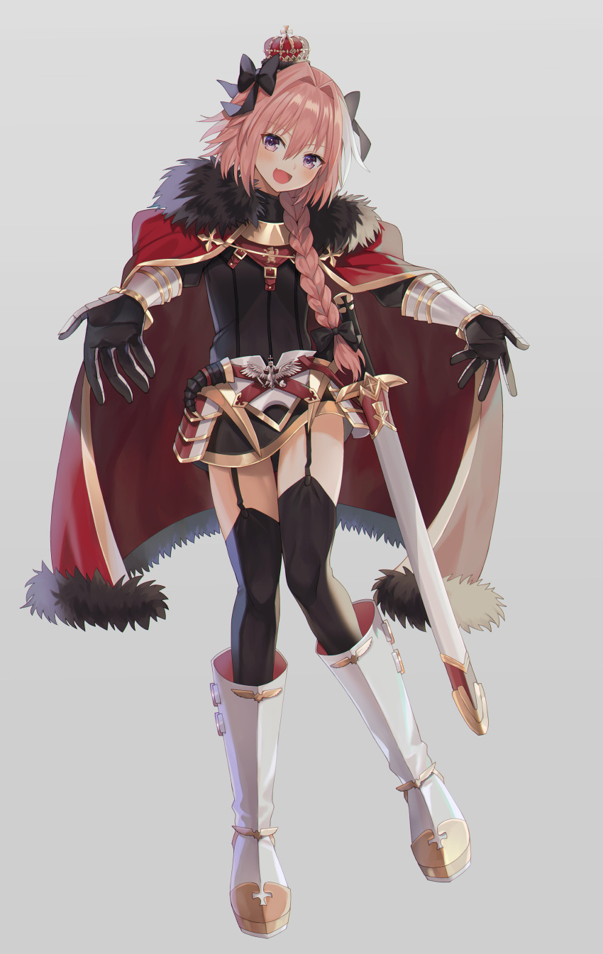1boy :d abandon_ranka absurdres astolfo_(fate) bangs black_bow black_legwear black_ribbon black_shirt blush boots bow braid buckle cloak crown eyebrows_visible_through_hair fang fate/apocrypha fate_(series) faulds full_body fur-trimmed_cloak fur_collar fur_trim garter_straps gauntlets grey_background hair_between_eyes hair_bow hair_intakes hair_over_shoulder hair_ribbon head_tilt highres horn_(instrument) knee_boots long_hair looking_at_viewer male_focus mini_crown multicolored_hair open_mouth outstretched_arms outstretched_hand pink_hair purple_eyes red_cloak ribbon scabbard sheath sheathed shiny shiny_hair shirt sidelocks simple_background single_braid smile solo standing streaked_hair sword thighhighs trap weapon white_footwear white_hair