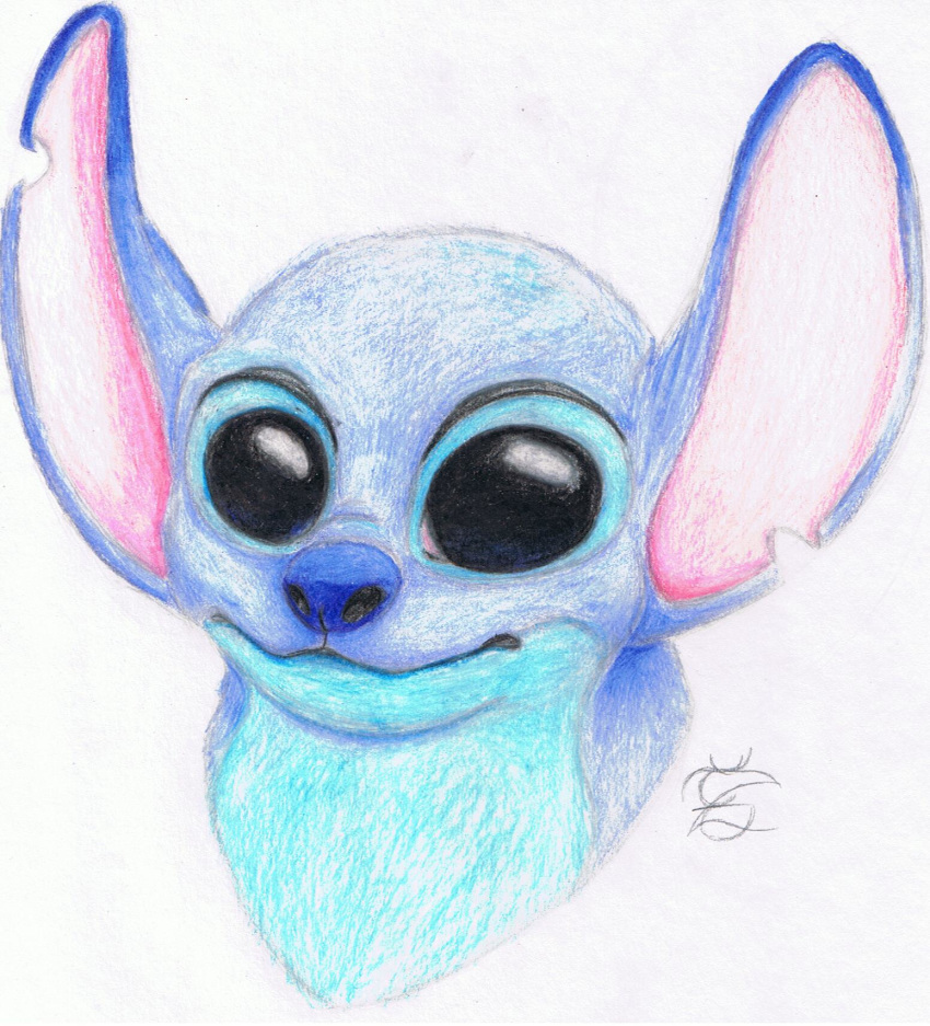 alien alternate_form black_eyes blue_fur blue_nose disney experiment_(species) fur hi_res lilo_and_stitch looking_at_viewer midnighthuntingwolf notched_ear simple_background solo stitch traditional_media_(artwork) white_background