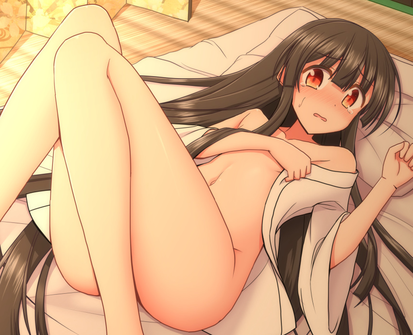 1girl ass bangs bare_shoulders black_hair blush bottomless collarbone commentary_request convenient_leg covering covering_breasts eyebrows_visible_through_hair feet_out_of_frame futon hair_between_eyes hand_up highres houraisan_kaguya indoors long_hair long_sleeves looking_at_viewer lying navel off_shoulder on_back open_clothes open_mouth open_robe pillow red_eyes robe shadow sidelocks solo stomach sweat tatami tears teoi_(good_chaos) thighs touhou very_long_hair white_robe wide_sleeves