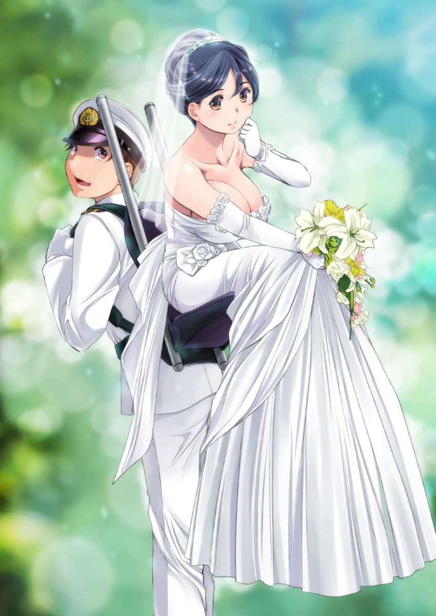 1boy 1girl admiral_(kantai_collection) alternate_costume alternate_hairstyle bare_shoulders black_hair bouquet breasts bridal_veil bride brown_eyes brown_hair cleavage dress elbow_gloves flower gloves hat highres holding holding_bouquet kantai_collection kantori large_breasts military military_uniform naval_uniform parted_lips peaked_cap short_hair sitting smile strapless strapless_dress uniform ushio_(kantai_collection) veil wedding_dress white_dress white_flower white_gloves