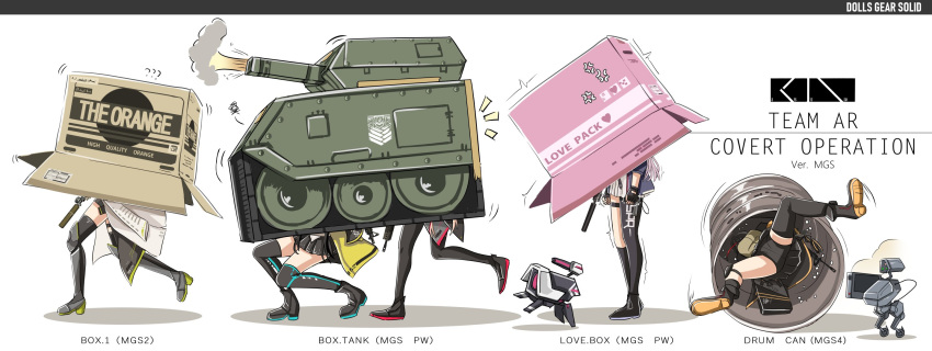 5girls ? anger_vein ar-15 assault_rifle asymmetrical_legwear black_legwear boots box cardboard_box clothes_around_waist commentary_request dinergate_(girls_frontline) drum_(container) fingerless_gloves firing girls_frontline gloves ground_vehicle gun haguruma_(hagurumali) highres jacket jacket_around_waist m16a1_(girls_frontline) m4_carbine m4_sopmod_ii m4_sopmod_ii_(girls_frontline) m4a1_(girls_frontline) megaphone metal_gear_(series) metal_gear_solid_2 metal_gear_solid_4 metal_gear_solid_peace_walker military military_vehicle motor_vehicle multiple_girls pantyhose rifle ro635 ro635_(girls_frontline) shoes single_thighhigh sneakers st_ar-15_(girls_frontline) standing tank thigh_strap thighhighs turret weapon white_background