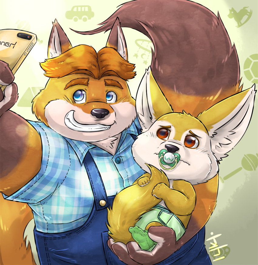 2019 anthro aotoaka black_nose blue_eyes brown_eyes canid canine clothed clothing diaper disney duo fennec finnick fox fur gideon_grey hi_res humiliation male mammal pacifier selfie simple_background size_difference smile zootopia