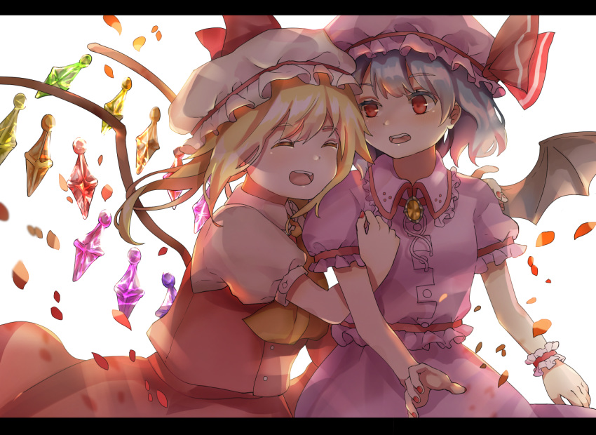 2girls arm_hug bat_wings blonde_hair blouse blue_eyes breasts brooch crystal eyes_closed flandre_scarlet hat hat_ribbon head_on_another's_shoulder jewelry letterboxed looking_at_another mob_cap multiple_girls nail_polish open_mouth petals pink_blouse pink_headwear pink_skirt piyo_(sqn2idm751) puffy_short_sleeves puffy_sleeves red_hair red_nails red_skirt red_vest remilia_scarlet ribbon shadow shiny shiny_hair shirt short_hair short_sleeves siblings side_ponytail simple_background sisters skirt small_breasts touhou upper_body upper_teeth vest white_background white_headwear white_shirt wings wrist_cuffs