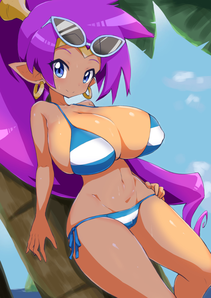 1girl beach bikini blue_eyes blush breasts cleavage curvy dark_skin day hand_on_hips highres hip_focus huge_breasts looking_at_viewer navel ponytail purple_hair shantae:_half-genie_hero shantae_(character) shantae_(series) sky smile solo striped striped_bikini swimsuit wide_hips