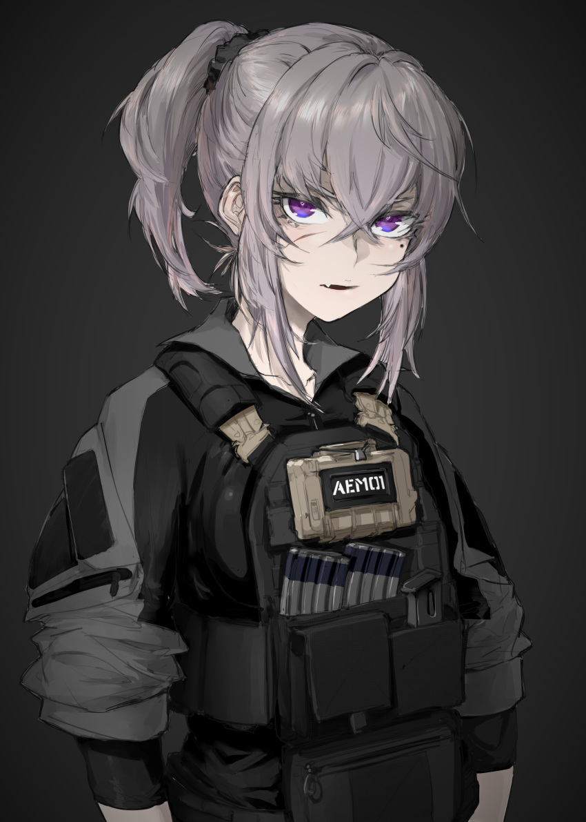 1girl absurdres alma01 bag bangs black_scrunchie body_armor brown_hair collarbone collared_jacket commentary_request cropped_torso eyebrows_behind_hair fang grey_background hair_between_eyes hair_ornament hair_scrunchie highres jacket looking_at_viewer magazine_(weapon) military military_operator military_uniform mole original plate_carrier ponytail purple_eyes satchel scrunchie short_sleeves sidelocks simple_background solo uniform upper_body