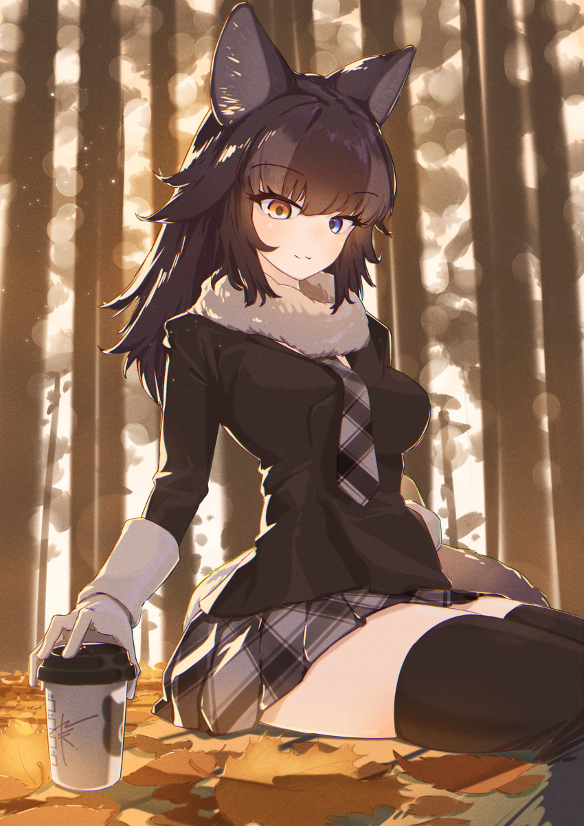 1girl 910m27r absurdres animal_ear_fluff animal_ears autumn autumn_leaves black_hair blue_eyes blurry blush bokeh breasts coffee commentary depth_of_field eyebrows_visible_through_hair forest fur_collar gloves grey_wolf_(kemono_friends) heterochromia highres japari_symbol kemono_friends large_breasts long_hair long_sleeves multicolored_hair nature necktie outdoors plaid pleated_skirt skirt smile tail thighhighs tsurime two-tone_hair wolf_ears wolf_tail yellow_eyes zettai_ryouiki