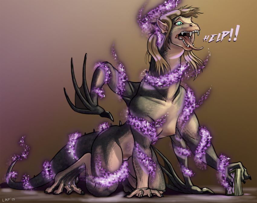 blonde_hair book breasts claws curse dragon fangs female growth hair help hi_res horn invalid_color invalid_tag lord_magicpants magic nude scales spell spikes teeth tongue transformation wings