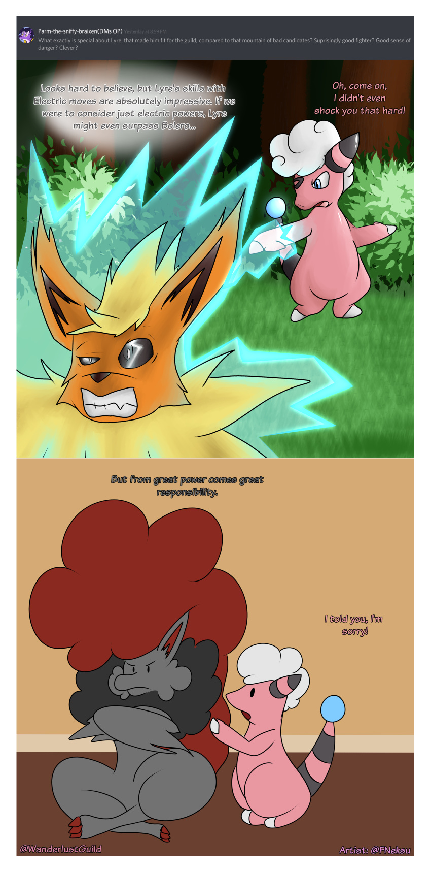 2019 absurd_res afro aiden_laninga angry canid canine claws detailed_background dialogue digital_media_(artwork) eeveelution electricity english_text fangs flareon forest fur grass hi_res inside lightning lyre_belladonna male mammal neksu nintendo open_mouth outside pain plant pok&eacute;mon pok&eacute;mon_(species) pok&eacute;mon_mystery_dungeon red_claws shrub text tongue tree video_games wanderlust zoroark