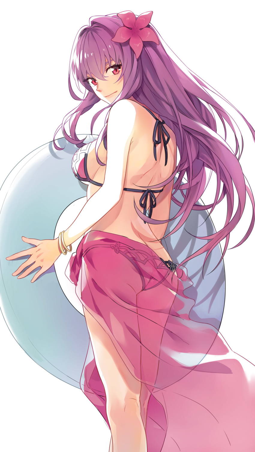 1girl absurdres alternate_costume ass bikini bracelet breasts fate/grand_order fate_(series) flower hair_flower hair_intakes hair_ornament hibiscus highres innertube jewelry looking_at_viewer looking_back medium_breasts o0baijin0o pink_bikini purple_bikini purple_hair purple_sarong red_eyes sarong scathach_(fate)_(all) scathach_(fate/grand_order) scathach_(swimsuit_assassin)_(fate) see-through simple_background smile solo swimsuit white_background