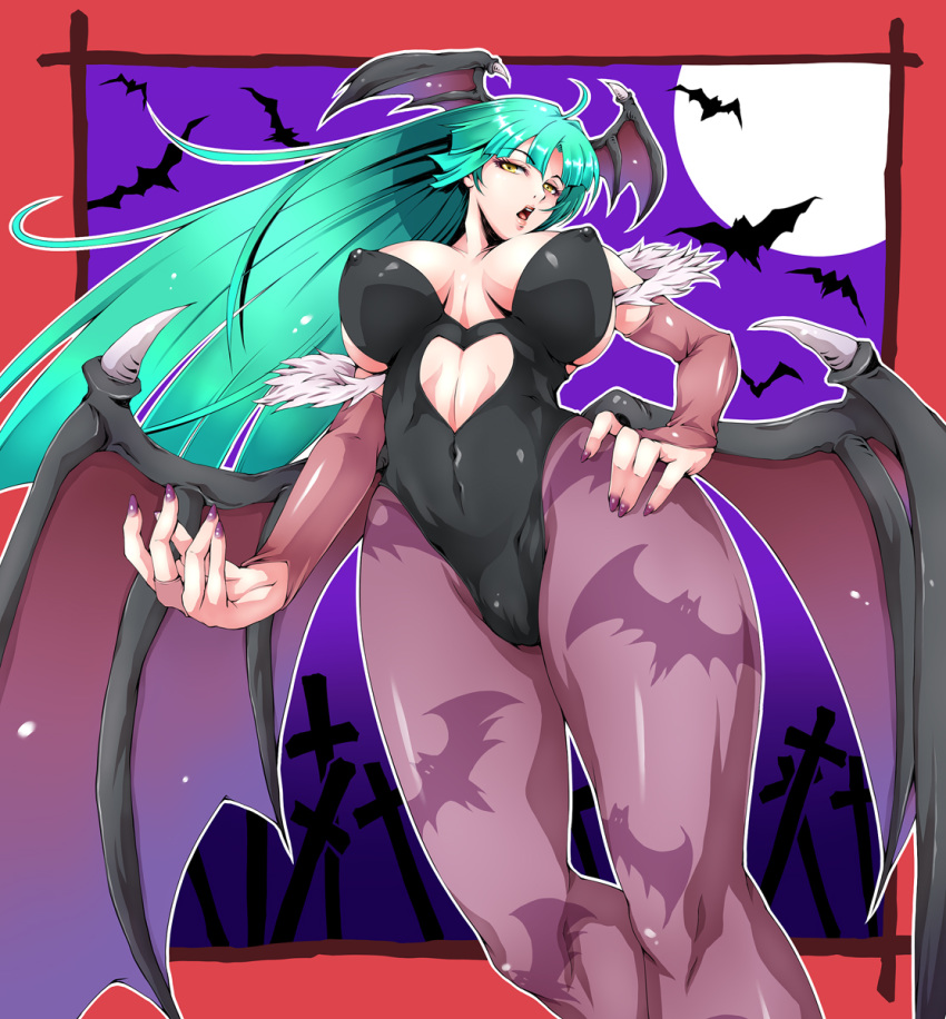 1girl animal_print bare_shoulders bat bat_print bat_wings black_leotard breasts bridal_gauntlets cleavage commentary_request covered_navel demon_girl erect_nipples eyebrows_visible_through_hair from_below full_moon green_hair hand_on_hip head_wings heart_cutout highres large_breasts leotard long_hair moon morrigan_aensland nail_polish night open_mouth pantyhose print_legwear purple_legwear purple_nails purple_wings simple_background solo standing succubus upper_teeth user_gvtp7744 vampire_(game) wings yellow_eyes