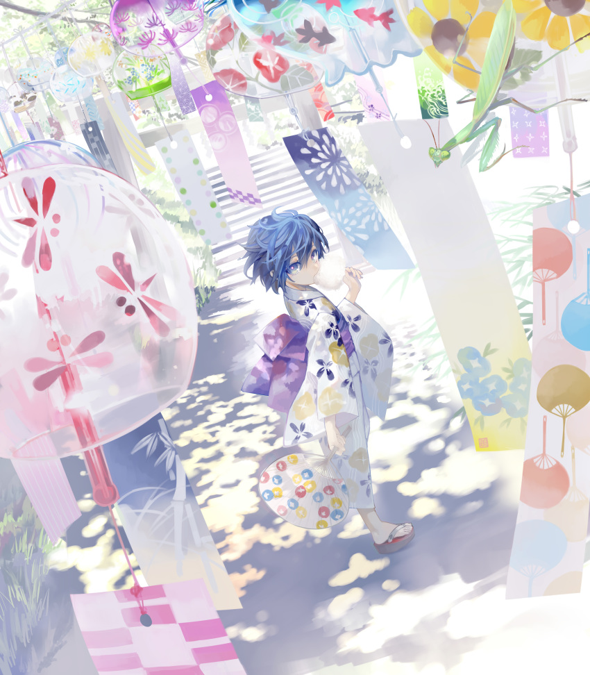 1girl absurdres alternate_costume black_bullet blue_eyes blue_hair commentary_request cotton_candy curly_hair day eating fan floral_print full_body highres hiruko_kohina holding holding_fan japanese_clothes kimono looking_at_viewer looking_back mantis no_socks obi outdoors paper_fan sash short_hair shrine solo uchiwa ukai_saki white_kimono yukata