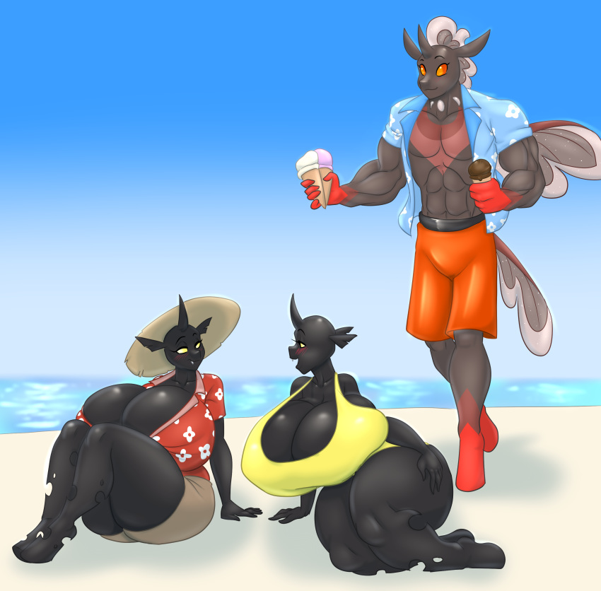 2019 abs absurd_res beach big_breasts blues64 breasts changeling clothing dessert female food group hi_res holding_food holding_object hole_(anatomy) huge_breasts ice_cream male marauder6272 my_little_pony open_mouth outside seaside