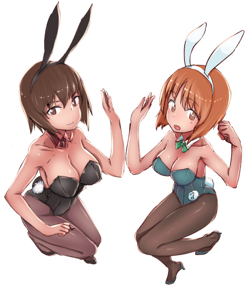 2girls abaratani_kurou animal_ears bangs black_footwear black_legwear black_leotard bow bowtie breasts bunny_ears bunny_tail bunnysuit character_name cleavage closed_mouth collar commentary detached_collar eyebrows_visible_through_hair fake_animal_ears fake_tail flats from_side full_body girls_und_panzer green_footwear green_leotard green_neckwear high_heels highres large_breasts legs leotard light_smile looking_at_viewer medium_breasts multiple_girls name_tag nishizumi_maho nishizumi_miho open_mouth pantyhose red_collar short_hair siblings simple_background sisters smile standing standing_on_one_leg strapless strapless_leotard symmetrical_hand_pose tail white_background white_collar wing_collar