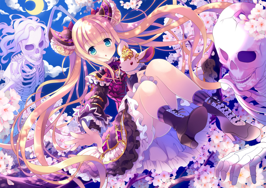 1girl :o animal bangs black_footwear blonde_hair blush boots bow breasts cherry_blossoms commentary_request double_bun dress eyebrows_visible_through_hair frills hair_bow hair_ornament hoshino_koucha long_hair looking_at_viewer luna_(shadowverse) messy_hair moon multicolored multicolored_clothes multicolored_dress night open_mouth panties red_bow red_neckwear ribbon shadowverse skeleton small_breasts solo twintails underwear very_long_hair white_panties yellow_eyes