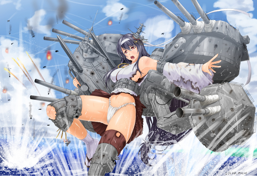 1girl armpits black_hair breasts cannon cloud cocoa_(cocoa0191) commentary_request damaged day detached_sleeves fundoshi fusou_(kantai_collection) hair_ornament highres japanese_clothes kantai_collection large_breasts long_hair low-tied_long_hair nontraditional_miko open_mouth outdoors red_eyes red_skirt remodel_(kantai_collection) rigging skirt sky solo tabi thigh_strap torn_clothes torn_skirt turret very_long_hair wet white_legwear