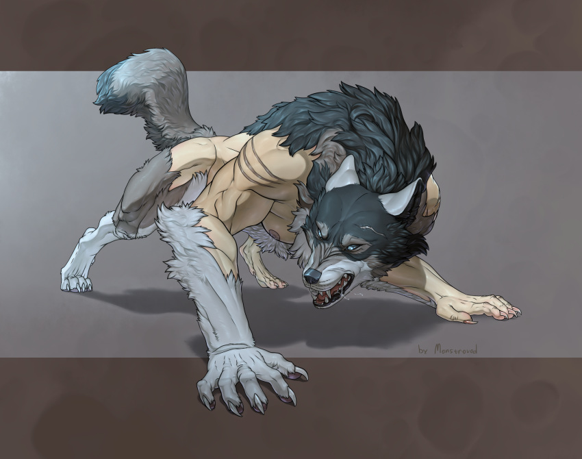 2019 anthro blue_eyes canid canine canis digital_media_(artwork) hi_res male mammal monstrovod rakan scar solo transformation were werecanid werecanine werewolf wolf