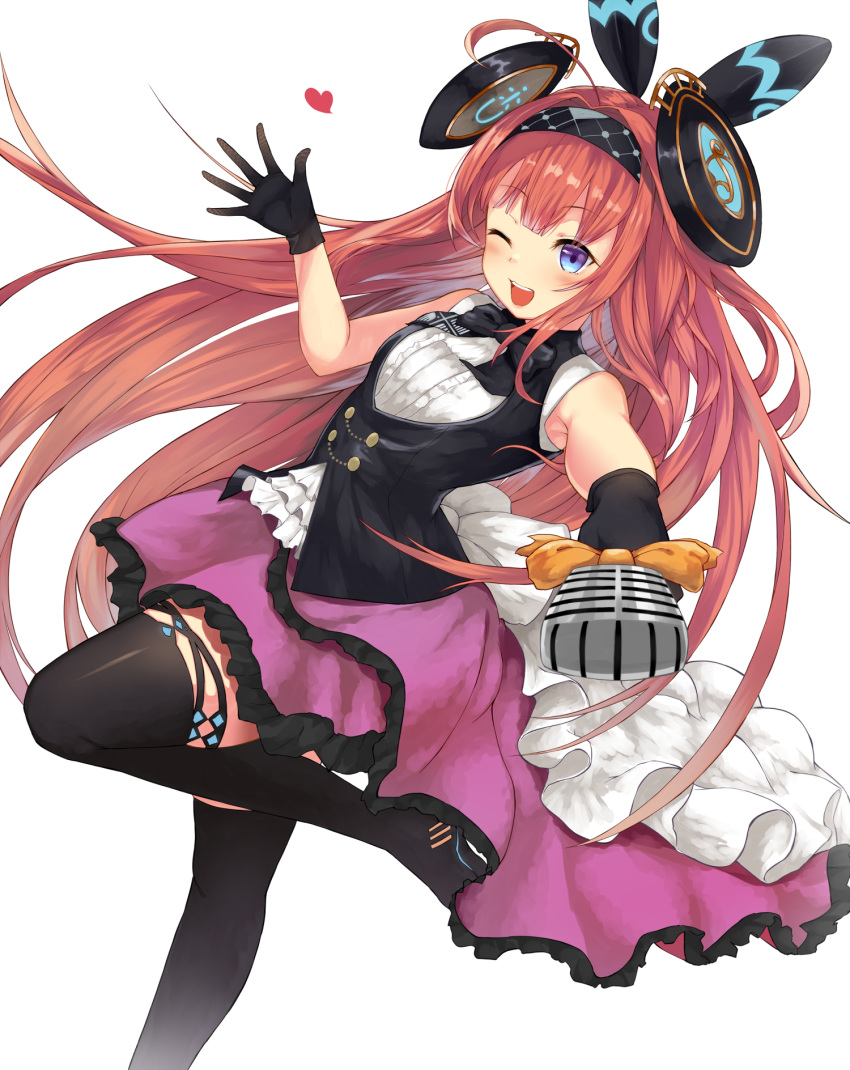 1girl ;d black_footwear black_gloves black_hairband black_neckwear blue_eyes blush boots bow eyebrows_visible_through_hair floating_hair frilled_skirt frills gloves hairband heart highres holding holding_microphone layered_skirt lishenna_omen_of_destruction long_hair microphone one_eye_closed open_mouth orange_bow outstretched_arm purple_skirt red_hair shadowverse shiny shiny_hair shirt simple_background skirt sleeveless sleeveless_shirt smile solo standing standing_on_one_leg thigh_boots thighhighs very_long_hair white_background white_shirt yamato_(muchuu_paradigm)