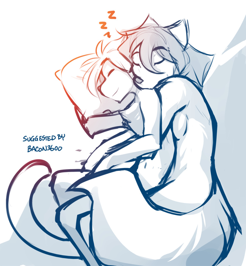 2019 anthro basitin breasts canid canine canis casual_nudity chest_tuft cuddling duo eyes_closed female fluffy fluffy_tail hi_res keidran keith_keiser lying male mammal monochrome natani nude on_side pillow side_boob simple_background sketch sleeping smile spooning tom_fischbach tuft twokinds webcomic white_background wolf