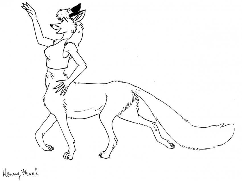 2016 4:3 5_fingers bottomless canid canid_taur canine canine_taur claws clothed clothing fangs female fluffy fluffy_tail fox fox_taur hair henryweasel mammal monochrome open_mouth signature taur toony walking