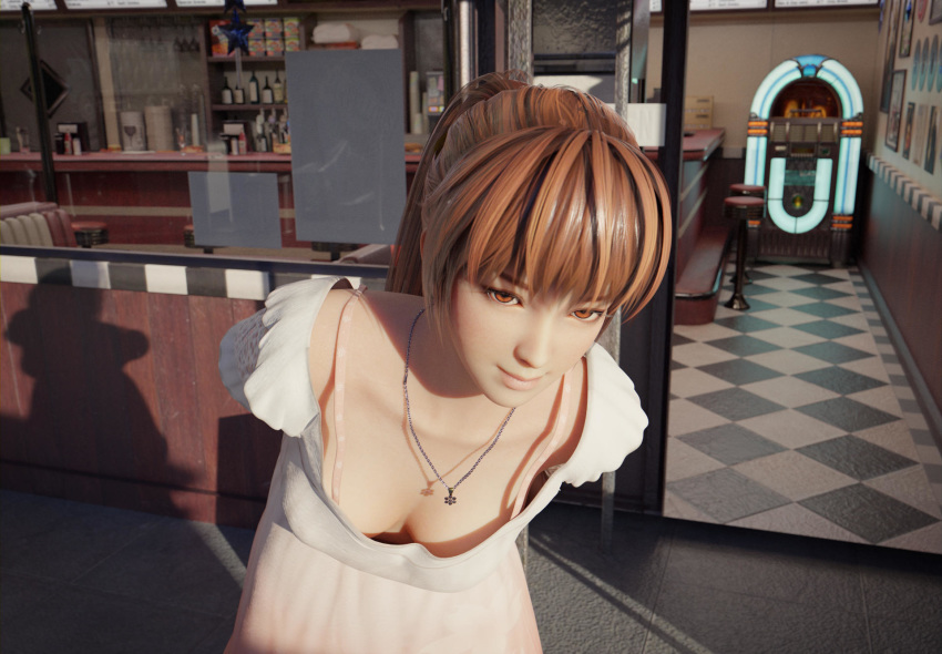 1girl 3d arms_behind_back breasts brown_eyes brown_hair cafe casual casual_clothes cleavage dead_or_alive dead_or_alive_5 downblouse dress highres indoors jewelry jukebox kasumi_(doa) large_breasts leaning_forward looking_at_viewer loose_clothes matching_hair/eyes necklace no_bra nodern03 one_piece_dress ponytail shadow smile solo standing tied_hair white_dress