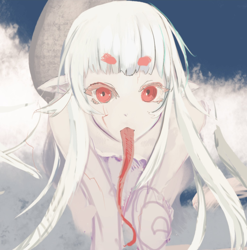1girl ad-6-0001a alf874 alien all_fours borrowed_character female highres long_tongue looking_at_viewer monster_girl nude original pointy_ears red_eyes solo tail tongue very_long_tongue white_hair white_skin