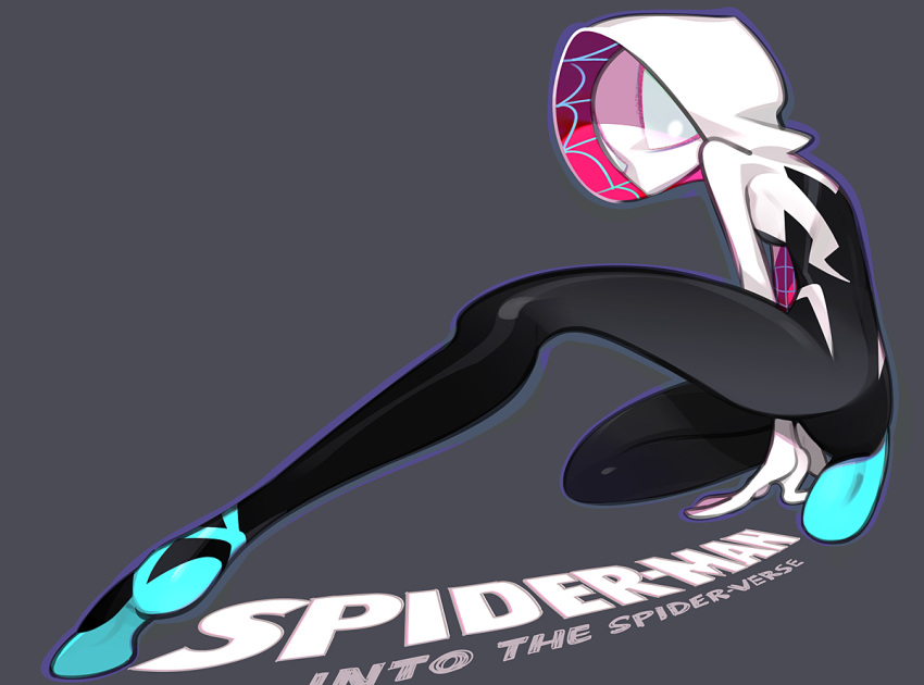 1girl amiami copyright_name female grey_background gwen_stacy hood mask simple_background solo spider-gwen spider-man:_into_the_spider-verse