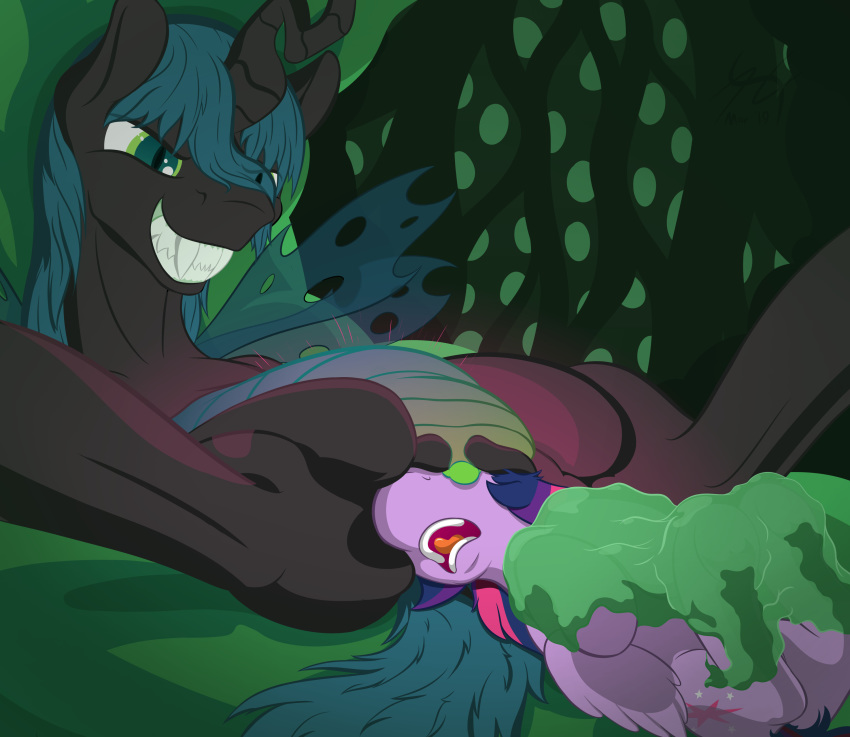 changeling cutie_mark equid equine feathers female friendship_is_magic green_eyes hi_res horn mammal my_little_pony pussy queen_chrysalis_(mlp) twilight_sparkle_(mlp) unbirthing unknown_artist vore wings