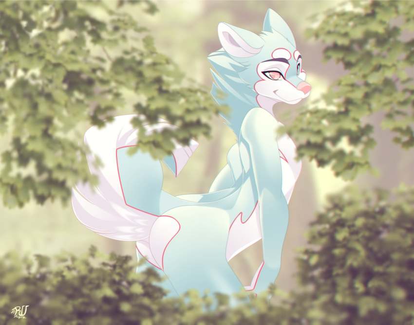 2019 anthro antihero blue_fur canid canine canis day detailed_background digital_media_(artwork) domestic_dog forest fur hi_res male mammal nude outside phation pink_eyes pink_nose smile solo standing tree white_fur