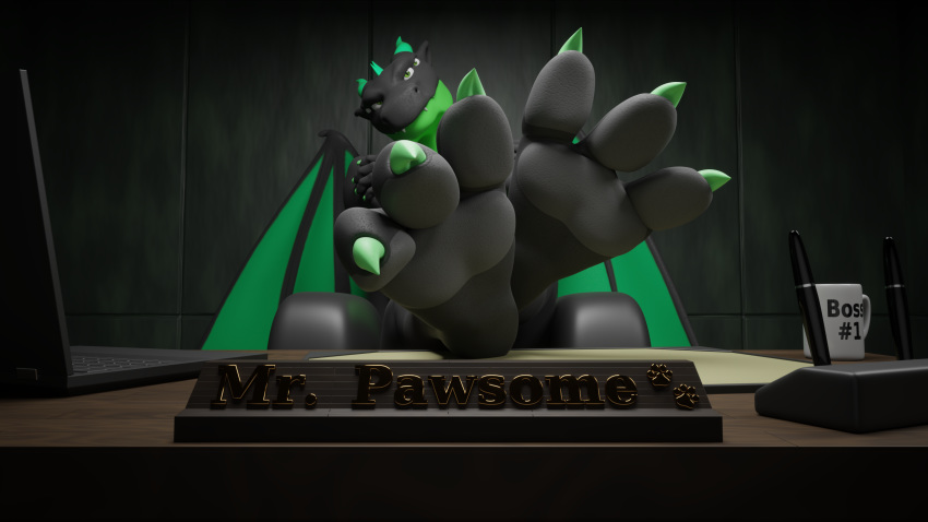 2019 3_toes 3d_(artwork) 4_fingers anthro black_scales claws computer desk digital_media_(artwork) doublescale dragon foot_focus green_eyes green_scales hi_res hindpaw horn laptop looking_at_viewer multi_eye office pawpads paws quattro_(fandroit) scales scalie soles toe_claws toes wings