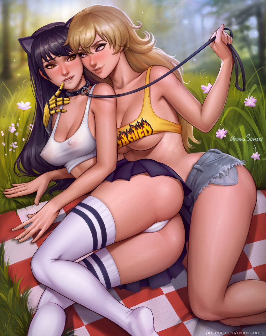 absurdres animal_ears arm_support aroma_sensei artist_name ass bare_legs biting black_collar black_hair blake_belladonna blanket blonde_hair blurry blurry_background blush breasts cleavage collar commentary crop_top cutoffs day denim denim_shorts english_commentary erect_nipples femdom flower grass highres leash lip_biting long_hair looking_at_another lying mechanical_arm medium_breasts nipple_piercing on_side outdoors panties parted_lips piercing pleated_skirt prosthesis prosthetic_arm rwby short_shorts shorts skirt thighhighs underwear watermark web_address white_legwear white_panties yang_xiao_long yuri