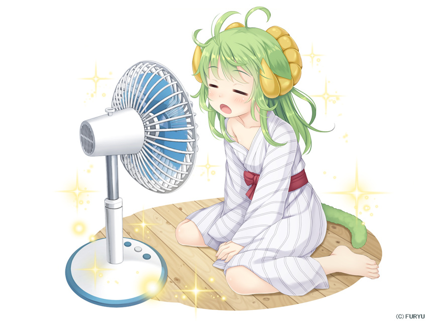 1girl animal_ears asatsuki_(monmusu_harem) bangs blush electric_fan eyebrows_visible_through_hair eyes_closed fan_speaking full_body green_hair horns japanese_clothes leaning_forward long_hair monmusu_harem namaru_(summer_dandy) official_art open_mouth sheep_ears sheep_girl sheep_horns shiny shiny_hair short_hair sitting solo sparkle tail wariza white_background