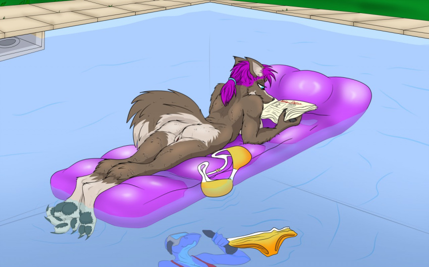 2019 amber_(predation) anthro being_watched bikini blue_eyes breasts butt canid canine casual_nudity clothing discarded_clothing female hair half-closed_eyes looking_at_another lying mammal nude on_front outside pawpads paws pool_float predation purple_hair pussy reading sephra side_boob solo_focus swimming_pool swimsuit water