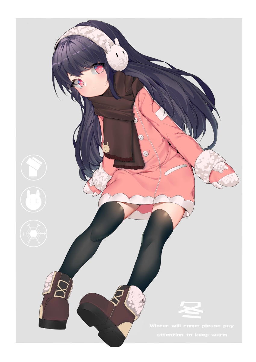 1girl absurdres amoeba_yuanchong black_hair black_legwear blush boots brown_footwear brown_scarf closed_mouth coat earmuffs eyebrows_visible_through_hair grey_background highres long_hair long_sleeves looking_at_viewer mittens original pink_coat pink_eyes scarf simple_background sleeves_past_wrists solo thighhighs translation_request very_long_hair