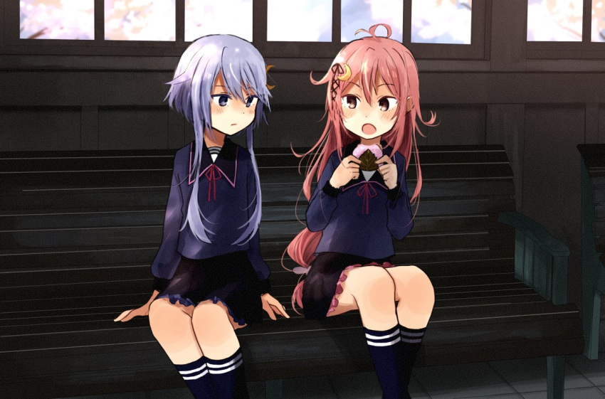 2girls ahoge annin_musou bench black_legwear black_skirt blue_eyes blue_shirt brown_eyes bunny_hair_ornament commentary crescent crescent_hair_ornament eating food hair_ornament hair_ribbon kantai_collection long_hair long_sleeves looking_to_the_side low-tied_long_hair multiple_girls open_mouth pink_hair pleated_skirt purple_hair ribbon sakura_mochi school_uniform serafuku shirt short_hair short_hair_with_long_locks skirt socks uzuki_(kantai_collection) wagashi window yayoi_(kantai_collection)