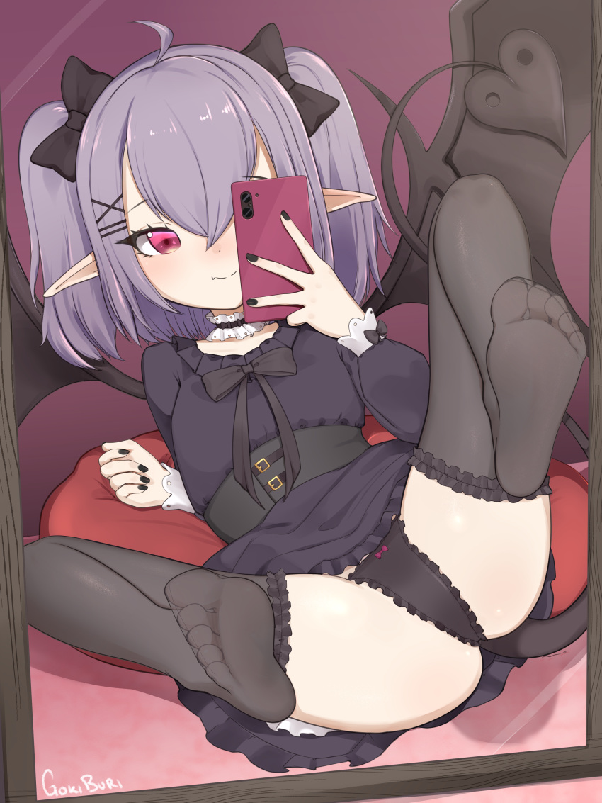 1girl absurdres bandaid black_dress black_legwear black_nails black_panties demon_girl dress feet goki_buri hair_ornament hairclip highres mirror nail_polish original panties pasties red_eyes rika_roseingrave selfie soles tail toenail_polish toenails toes twintails underwear wings