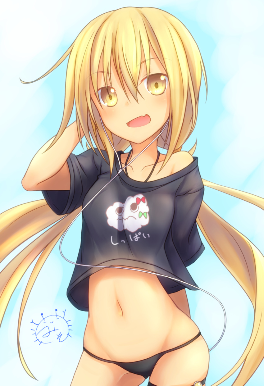 1girl black_panties black_shirt blonde_hair blush breasts eyebrows_visible_through_hair gradient gradient_background hair_between_eyes highres kanimiso_(juutilainen77) kantai_collection long_hair low_twintails miss_cloud navel open_mouth panties satsuki_(kantai_collection) shirt small_breasts twintails underwear very_long_hair yamanokami_satsuki yellow_eyes