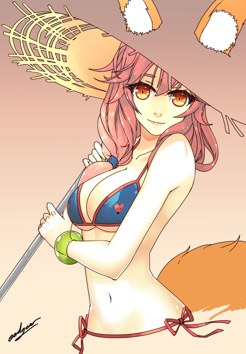 1girl animal_ears artist_request bikini breasts cleavage cropped_torso eadgear fate/grand_order fate_(series) fox_ears fox_tail hat highres large_breasts pink_hair side-tie_bottom smile solo straw_hat summer swimsuit tail tamamo_(fate)_(all) tamamo_no_mae tamamo_no_mae_(fate) tan_background umbrella yellow_eyes