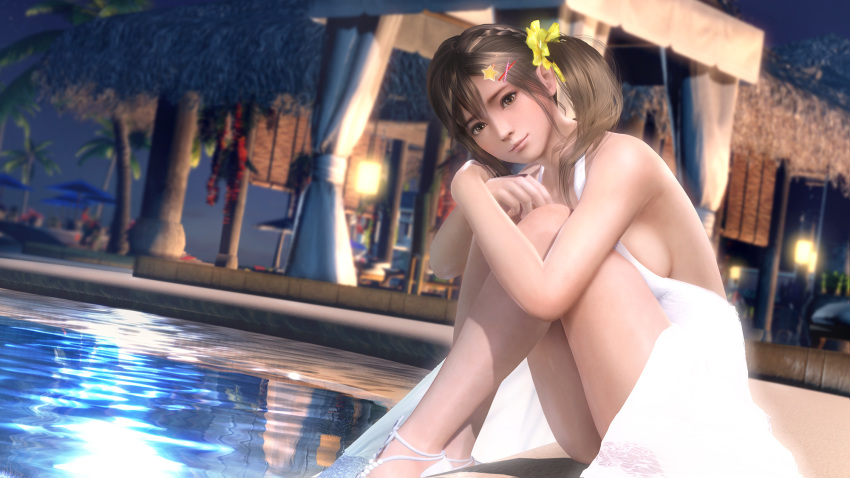 1girl 3d bangs bare_legs bare_shoulders blonde_hair blurry breasts cloud column curtains dead_or_alive dead_or_alive_xtreme_venus_vacation depth_of_field dress dutch_angle hair_ornament hairclip head_tilt highres knees_up leg_hug legs_together looking_at_viewer medium_hair misaki_(doa) no_bra on_floor palm_tree pillar poolside scrunchie short_dress sideboob sitting sky solo tree twilight twintails white_dress white_footwear yellow_scrunchie