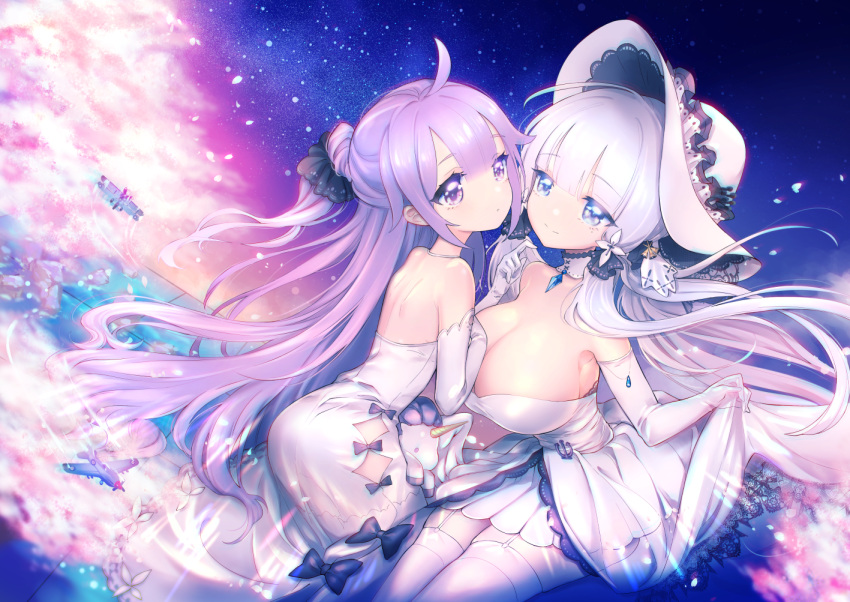 2girls ahoge ass azur_lane bare_shoulders black_ribbon blue_eyes blush breasts cleavage closed_mouth dress dress_lift elbow_gloves eyebrows_visible_through_hair floating_hair garter_straps gloves hair_bun hair_ribbon hand_up hat illustrious_(azur_lane) large_breasts lifted_by_self long_hair looking_at_viewer low_twintails mole mole_under_eye multiple_girls night night_sky one_side_up purple_eyes purple_hair ribbon sapphire_(gemstone) side_bun sidelocks sky smile strapless strapless_dress stuffed_unicorn sun_hat thighhighs tress_ribbon tri_tails twintails unicorn_(azur_lane) very_long_hair wazuka_(wzzc) white_dress white_gloves white_hair white_headwear white_legwear