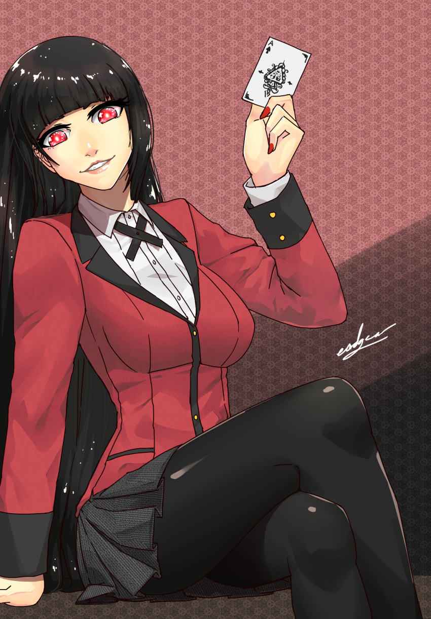 1girl arm_support black_hair black_legwear black_skirt breasts card eadgear formal highres jabami_yumeko kakegurui large_breasts legs_crossed long_hair pantyhose playing_card red_eyes signature skirt solo suit